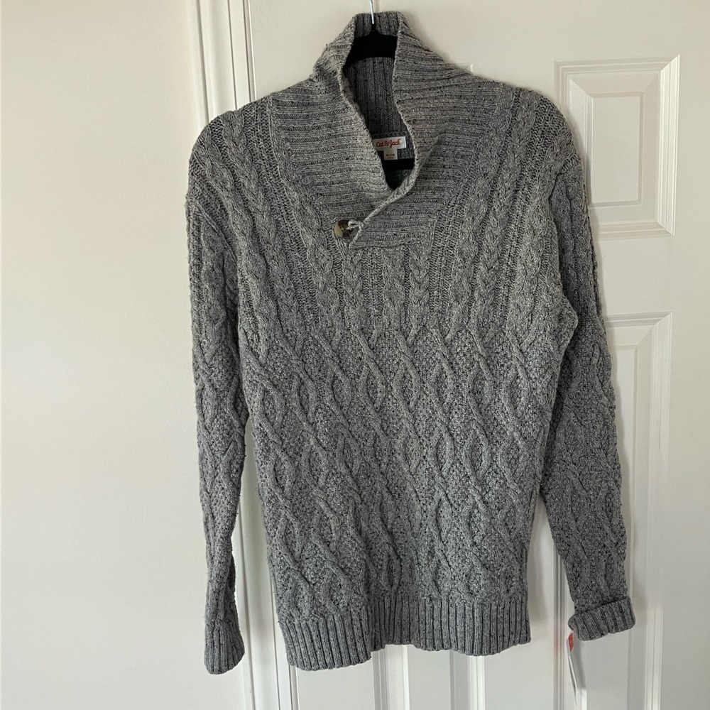 NWT Cat & Jack Boy’s Heather Grey Cable Knit Swearer with Button Collar XL 16